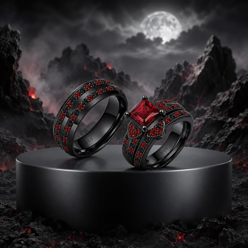 Sterling Silver 10K 14K 18K Gold Personalized Engraved  Halloween Dark Red Gemstone Couple Ring Set