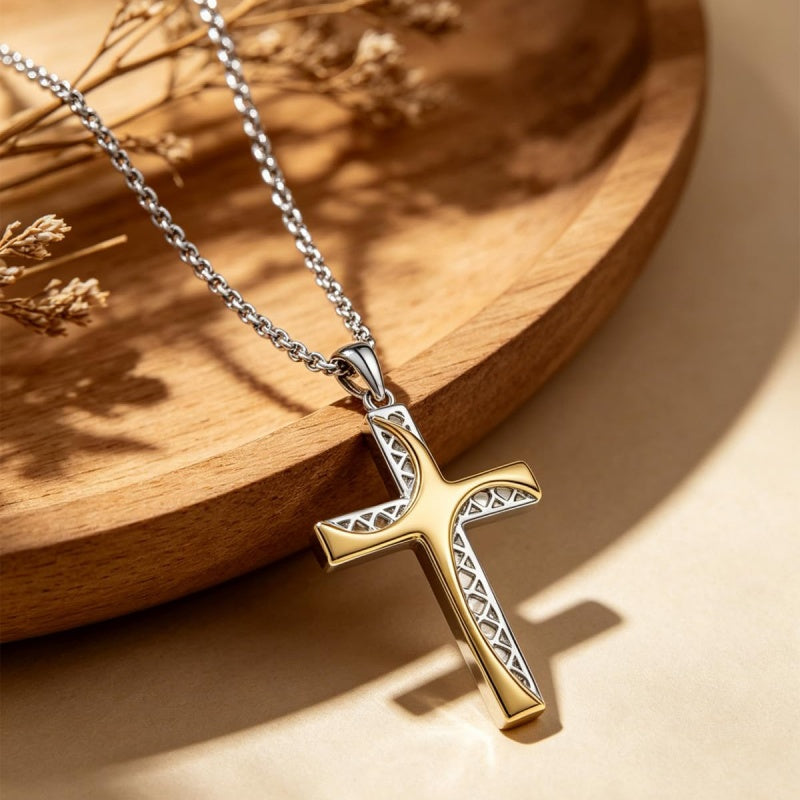 14K Gold Plated Two Tone Cross Pendant Necklace Christian Jewelry Religious Gift