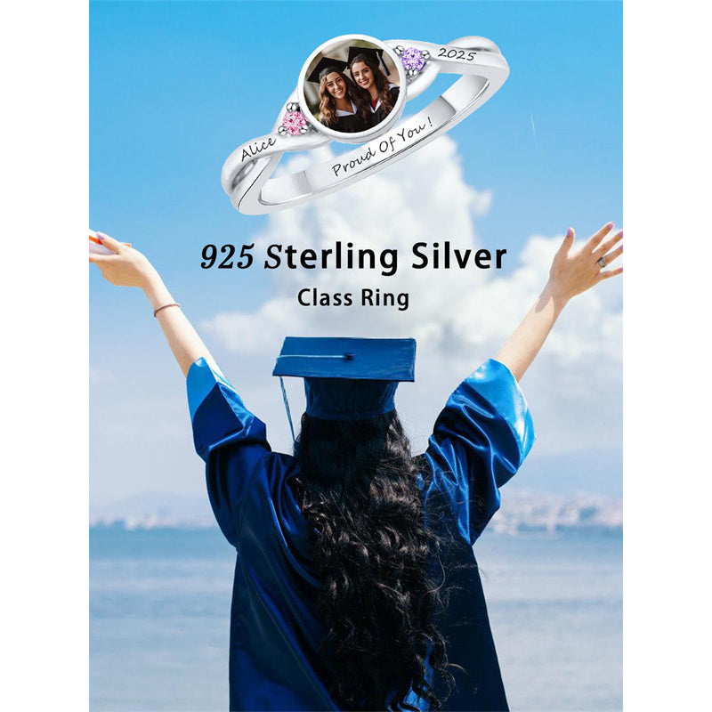 Sterling Silver Personalized Birthstone Photo Class Ring for Women