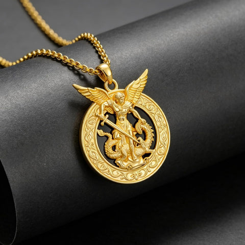 14K Gold Plated Black Onyx Patron Saint Medal Religious Amulet Pendant Necklace for Men