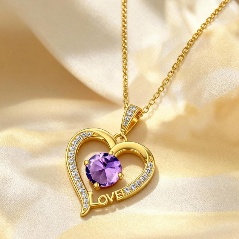 14K Gold Plated  12 Months Heart Birthstone Pendant Necklace Birthday Wedding Anniversary Jewelry Gifts for Women