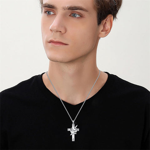 Sterling Silver Shark Fish Hook Triple Moon Cross Pendant Necklace