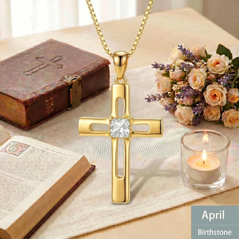 14K Gold Plated Birthstone Cross Pendant Necklace for Women  Anniversary Christmas Birthday Gift