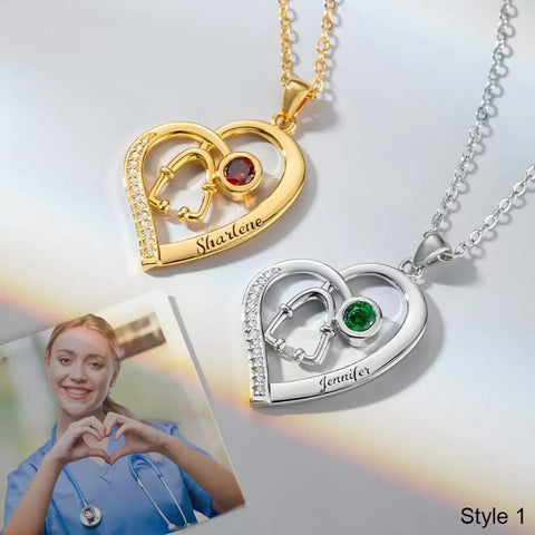 10K 14K 18K Gold Birthstone Stethoscope Pendant Necklace