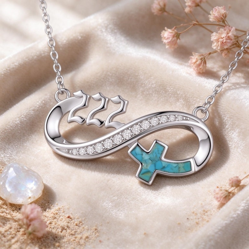 Sterling Silver Turquoise & Zirconia Infinity  111 222 333 444 777 Angel Number Pendant Necklace for Women