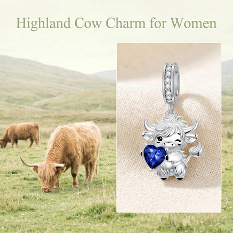 Sterling Silver 12 Month Birthstone Highland Cow Charm Beads