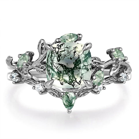 Sterling Silver 10K 14K 18K Gold 2CT Moss Agate Vine Leaf Women's Bridal Ring Sets for Wedding Engagement