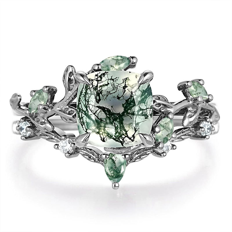 Sterling Silver 10K 14K 18K Gold 2CT Moss Agate Vine Leaf Women's Bridal Ring Sets for Wedding Engagement