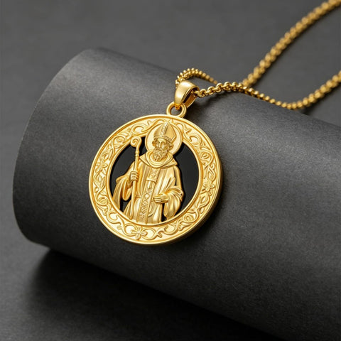 14K Gold Plated Black Onyx Patron Saint Medal Religious Amulet Pendant Necklace for Men