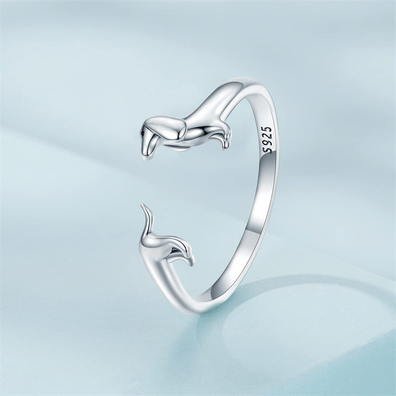 925 Sterling Silver Dachshund Open Rings Puppy Dog Adjustable Rings fo ...