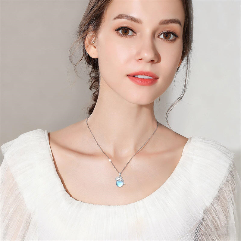 Sterling Silver Moonstone Fox Dolphin Axolotl Teddy Bear Hippo Raccoon Pendant Necklace for Women