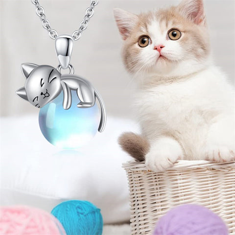Moonstone Cat Necklace 925 Sterling Silver Cat Pendant Necklace Gift for Women Daughter Mother