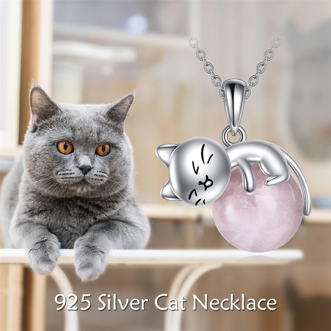 Cat Urn Necklace with Rose Quartz Sterling Silver