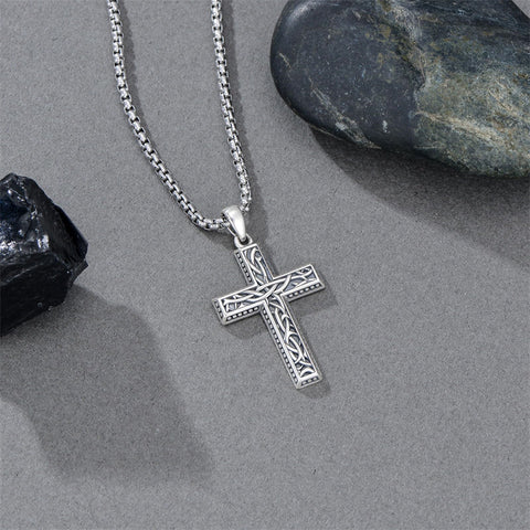 Sterling Silver Cross Christian Pendant Necklace for Men