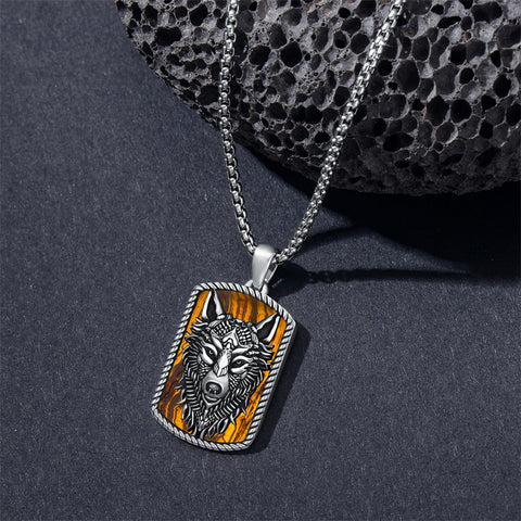 Sterling Silver Tiger Eye Wolf Pendant Necklace for Men