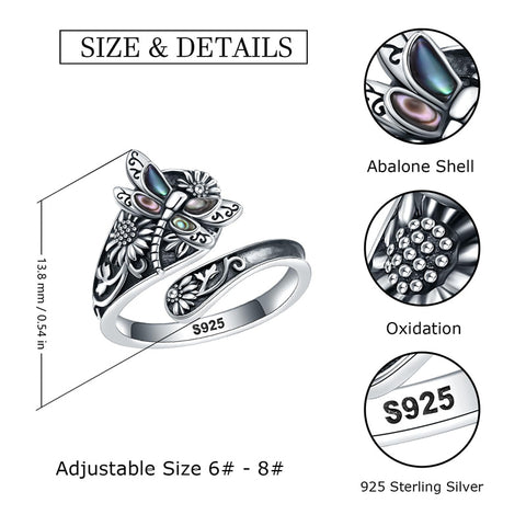 Sterling Silver Abalone Shell Dragonfly Spoon Ring and Dragonfly Sunflower Dangle Earrings