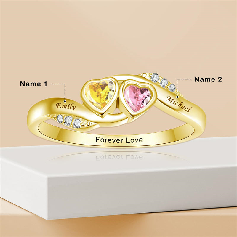 10K 14K 18K Gold Personalized 2 Birthstones Engraved Ring Mother's Day Gift