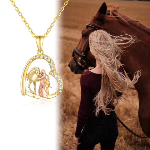 14K Solid Gold Horse and Girl Heart Necklaces for Women Yellow Gold Necklaces Fine Jewelry Present for Wife Girlfriend