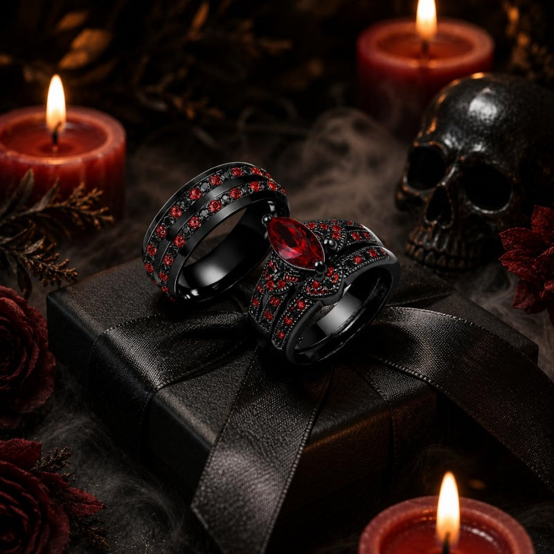 Sterling Silver 10K 14K 18K Gold Personalized Engraved  Halloween Dark Red Gemstone Couple Ring Set