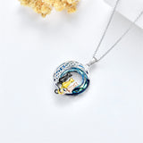 Sterling Silver Blue Circle Crystal Cat Pendant Necklace