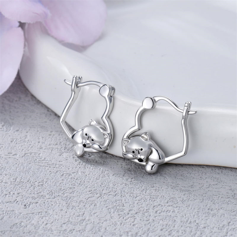 Sterling Silver Fox Frog Leopard Peacock Puppy Animal Hug Hoop Earrings