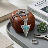 14K Gold Plated Moss Agate Turquoise Valknut Viking Arrow Head Pendant Necklace for Men