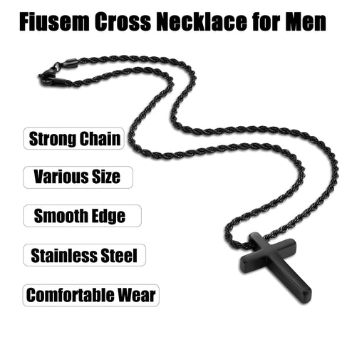 Sterling Silver Cross Pendant Necklace with Stainless Steel 2.5mm Rope Chain
