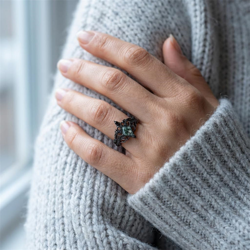 Sterling Silver 10K 14K  18K Gold Personalized Engraved Moss Agate Gothic Promise Wedding Engagement Black Ring Set