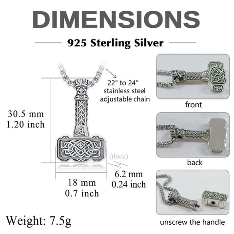 Sterling Silver Thors Hammer Urn Necklace for Ashes