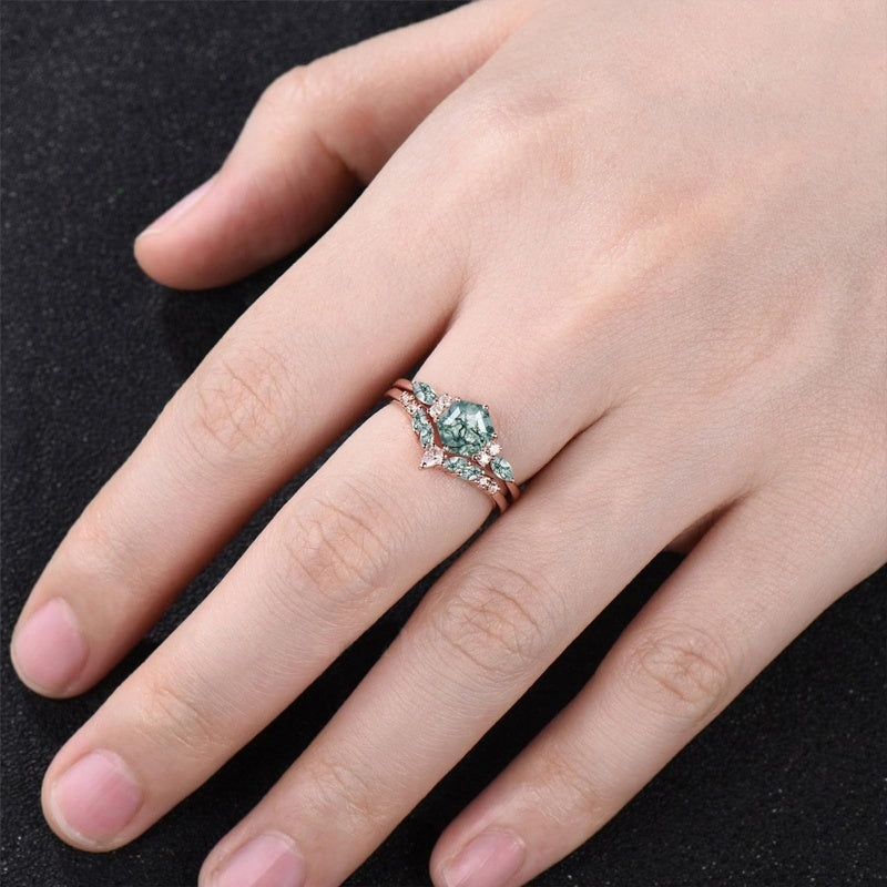 Sterling Silver 2CT Moss Agate  Engagement Wedding Ring Sets for Women