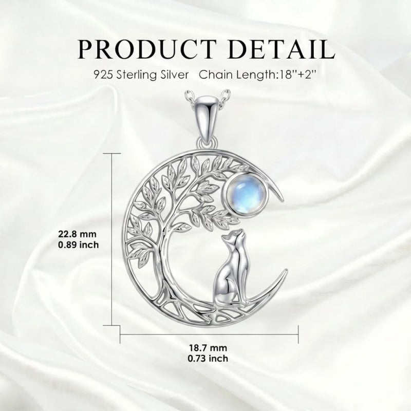 Sterling Silver Moonstone Tree of Life Wolf Cat Fox Rabbit Monkey Pendant Necklace Gift for  Birthday Christmas