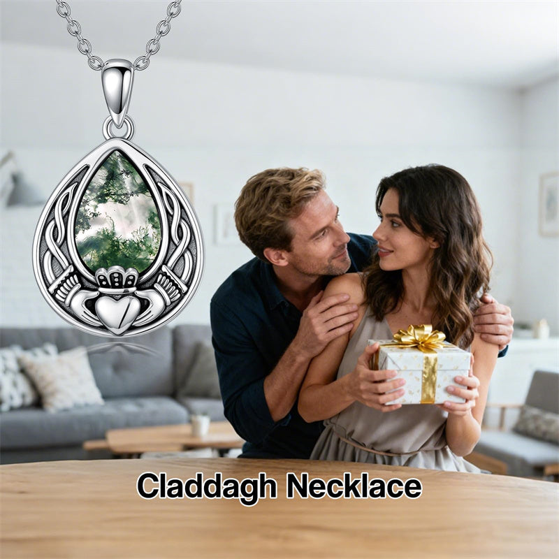 Sterling Silver Moss Agate Celtic Knot Rose Claddagh Filigree Pendant Necklace