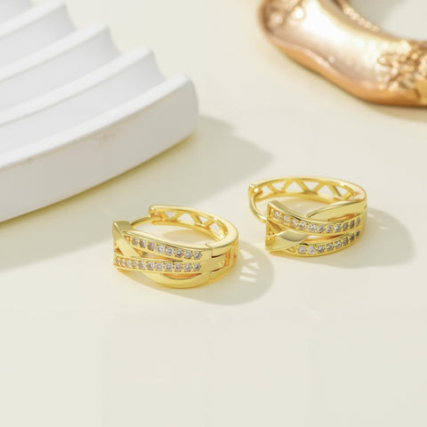 14K Gold Plated  Cubic Zircon X-shaped Hoop Earrings for Women