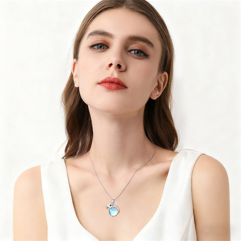 Sterling Silver Moonstone Fox Dolphin Axolotl Teddy Bear Hippo Raccoon Pendant Necklace for Women