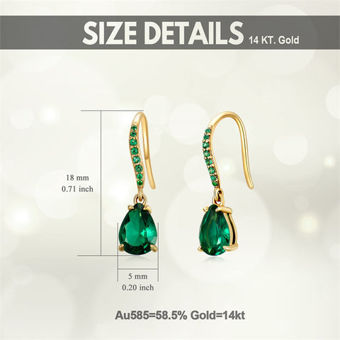 14K Emerald Earrings for Women Real Gold Dangle Drop Created Emerald Earrings Gift for Women Girls Her Mom