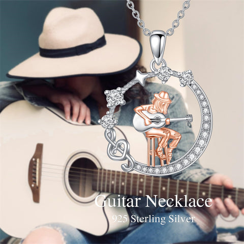 Sterling Silver Cubic Zircon Music Note Guitar Pendant Necklace  for Women Music Lovers