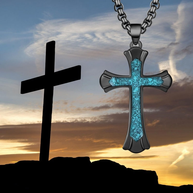 14K Gold Plated Turquoise Malachite Abalone Shell Cross Pendant Necklace for Men