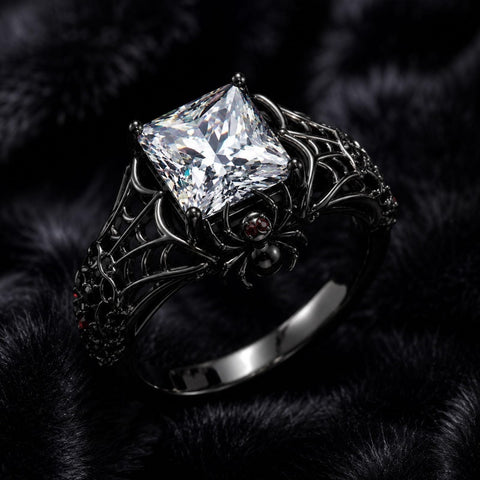 Sterling Silver 10K 14K 18K Gold Moissanite Gothic Black  Engagement Wedding Ring  for Women Halloween Gift