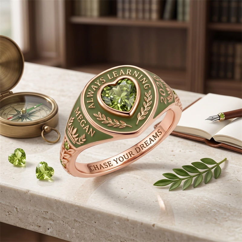 Sterling Silver  Laurel Wreath Personalized Heart  Birthstone Engraved  Class Ring for Women