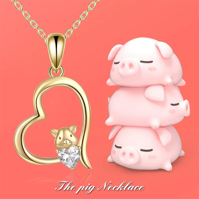 14k Yellow GoldPig Pendant Necklace Fine Animal Necklace Jewelry Gifts for Women Girls Gold Chain Length 16+1+1"