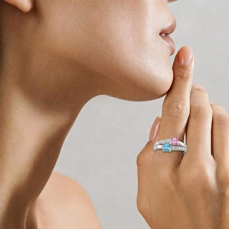 10K 14K 18K Gold Square Shaped Personalized 1-5 Birthstone  Family Mother's Ring Anniversary Ring for Women