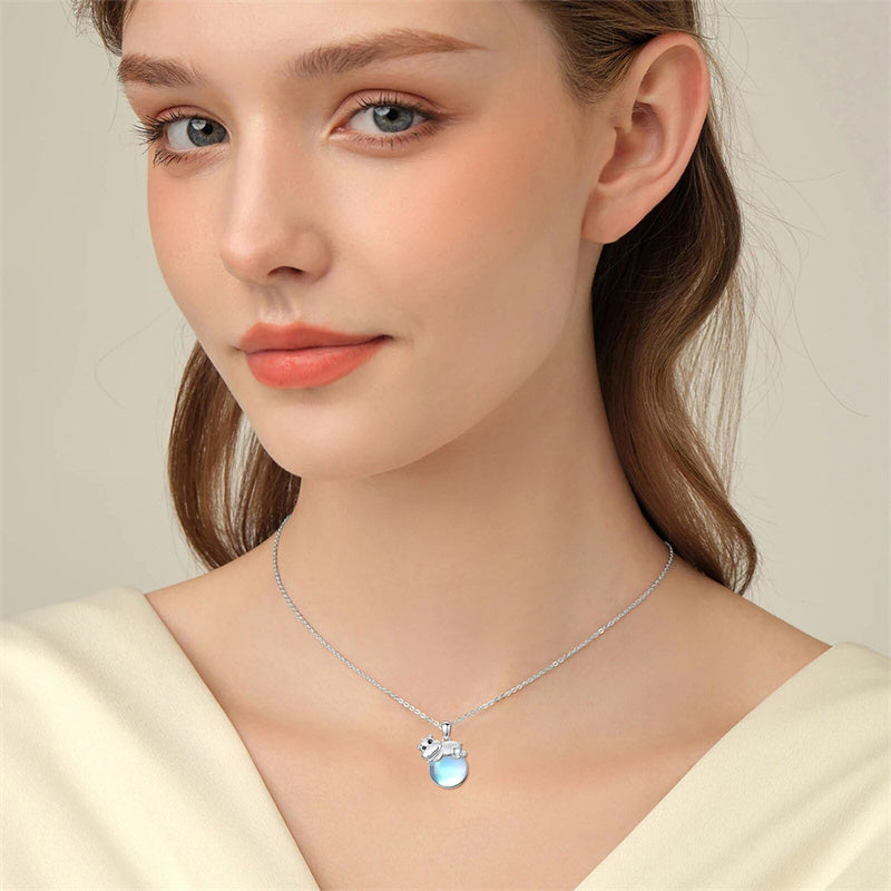 Sterling Silver Moonstone Fox Dolphin Axolotl Teddy Bear Hippo Raccoon Pendant Necklace for Women