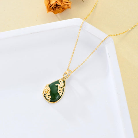 14K Gold Plated Natural Jade Hummingbird Cat Dragonfly Butterfly Bee Pendant Necklace for Women