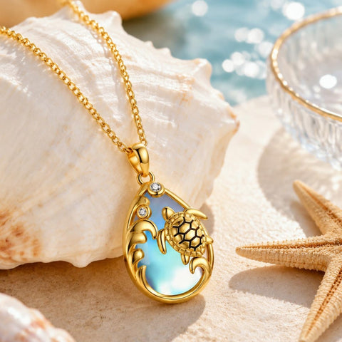 14K Gold Plated Moonstone Octopus Sea Turtle Conch Shell Starfish Seashell Ocean Necklace for Women
