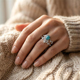 Sterling Silver Personalized Engraved 1-3CT Turquoise Engagement  Wedding Promise Ring Set for Her