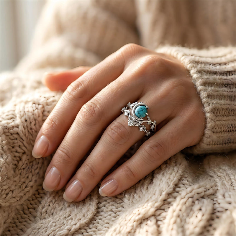 Sterling Silver Personalized Engraved 1-3CT Turquoise Engagement  Wedding Promise Ring Set for Her