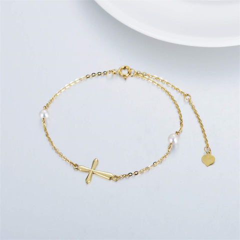 14k Gold Cross Anklets for Women, Real Pearl Religious Ankle Bracelet Gifts for Her, 9.4"+0.8"+0.8"