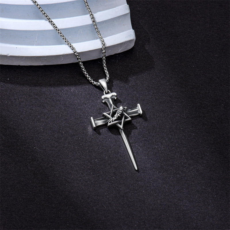 Sterling Silver Star Of David  Cross Pendant Necklace