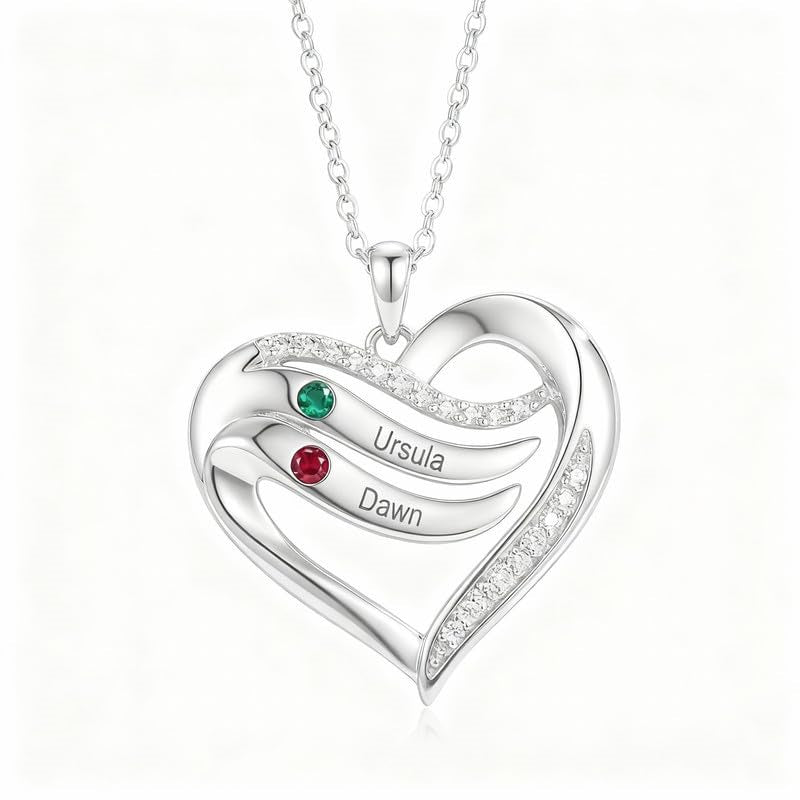 10K 14K 18K Gold  Personalized 1-4 Birthstones Engraved Heart Necklace for Women