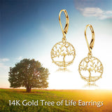 14k Solid Gold Tree of Life Leverback Earrings for Women, Dangle Drop Earrings Birthday Gifts for Her